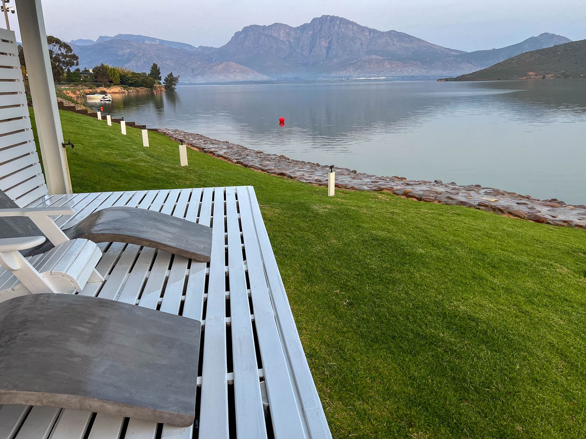 Waterfront deck with dam view